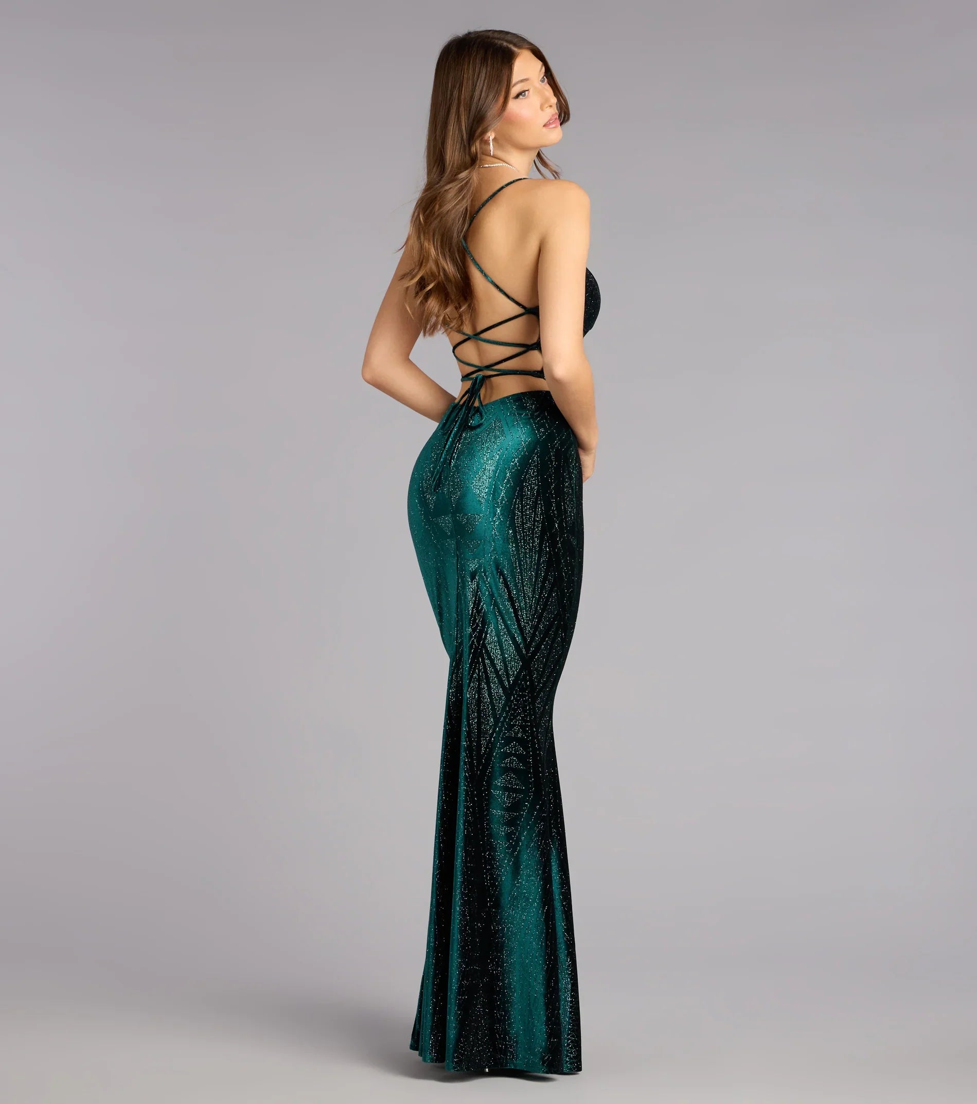 Barbra Glitter Velvet Lace-Up Formal Dress