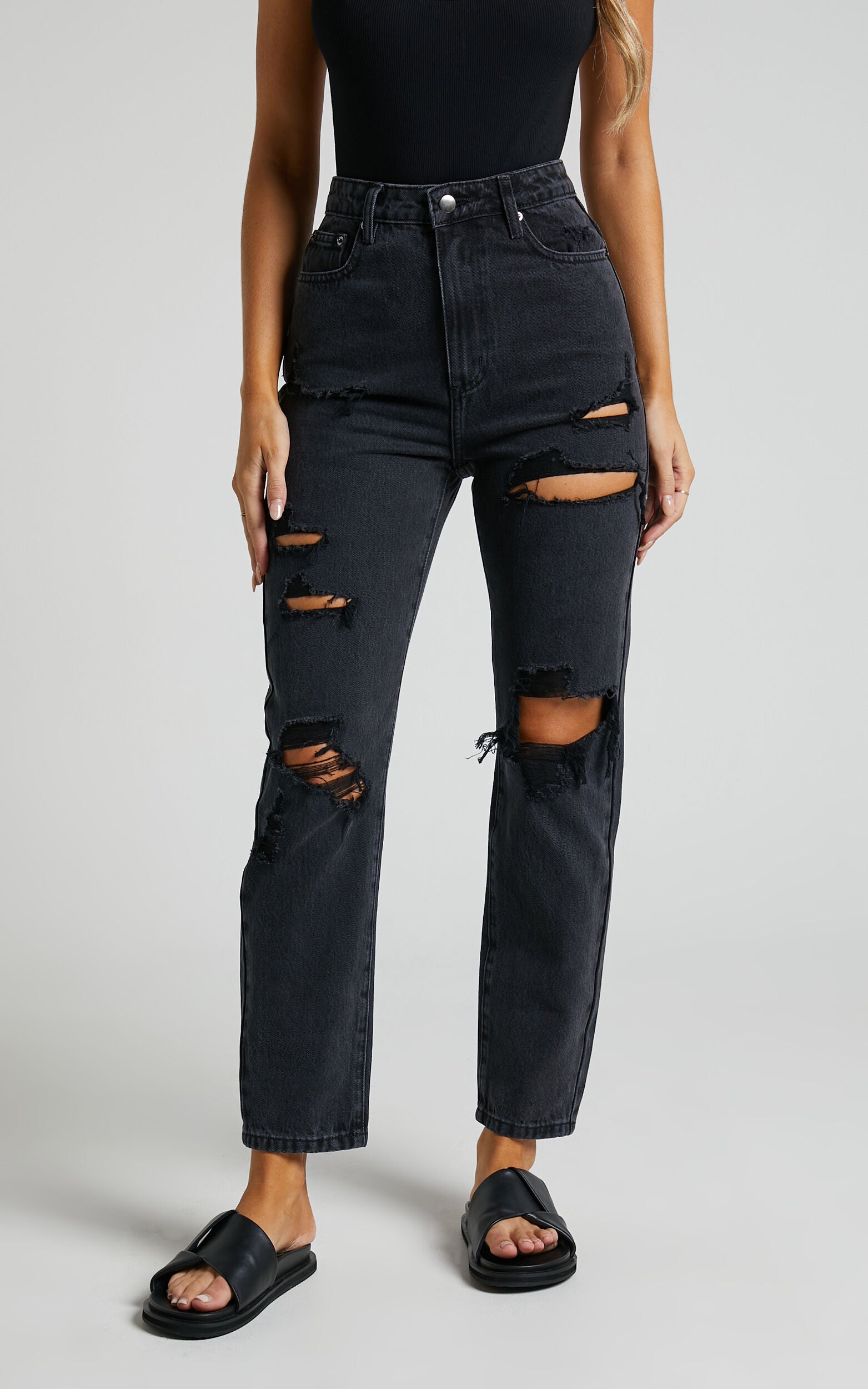 Billie Jeans - High Waisted Cotton Distressed Mom Denim Jeans in Black Wash